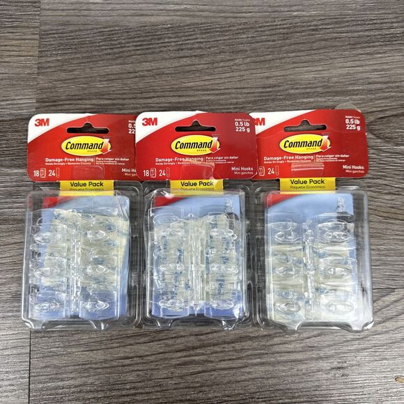 3M Command Clear Mini Adhesive Hook‎ (36-Pack) 17006CLR-18ES 3 Pk - Picture 1 of 2